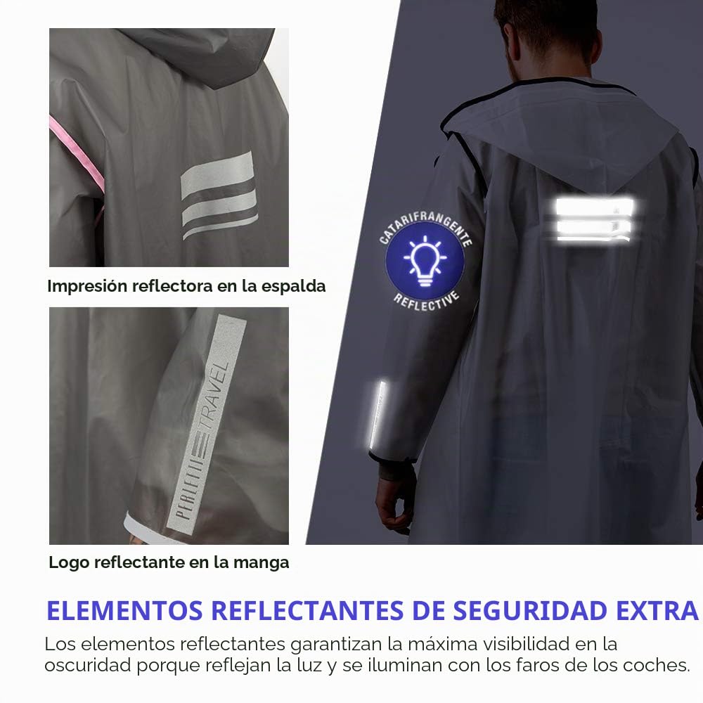 PERLETTI Chubasquero Hombre Mujer Ligero y Reutilizable - Impermeable Hombre Mujer Resistente al Agua - Ropa de Agua Impermeable Detalles Reflectantes Capucha Botones (M, Transparente con Borde Azul)