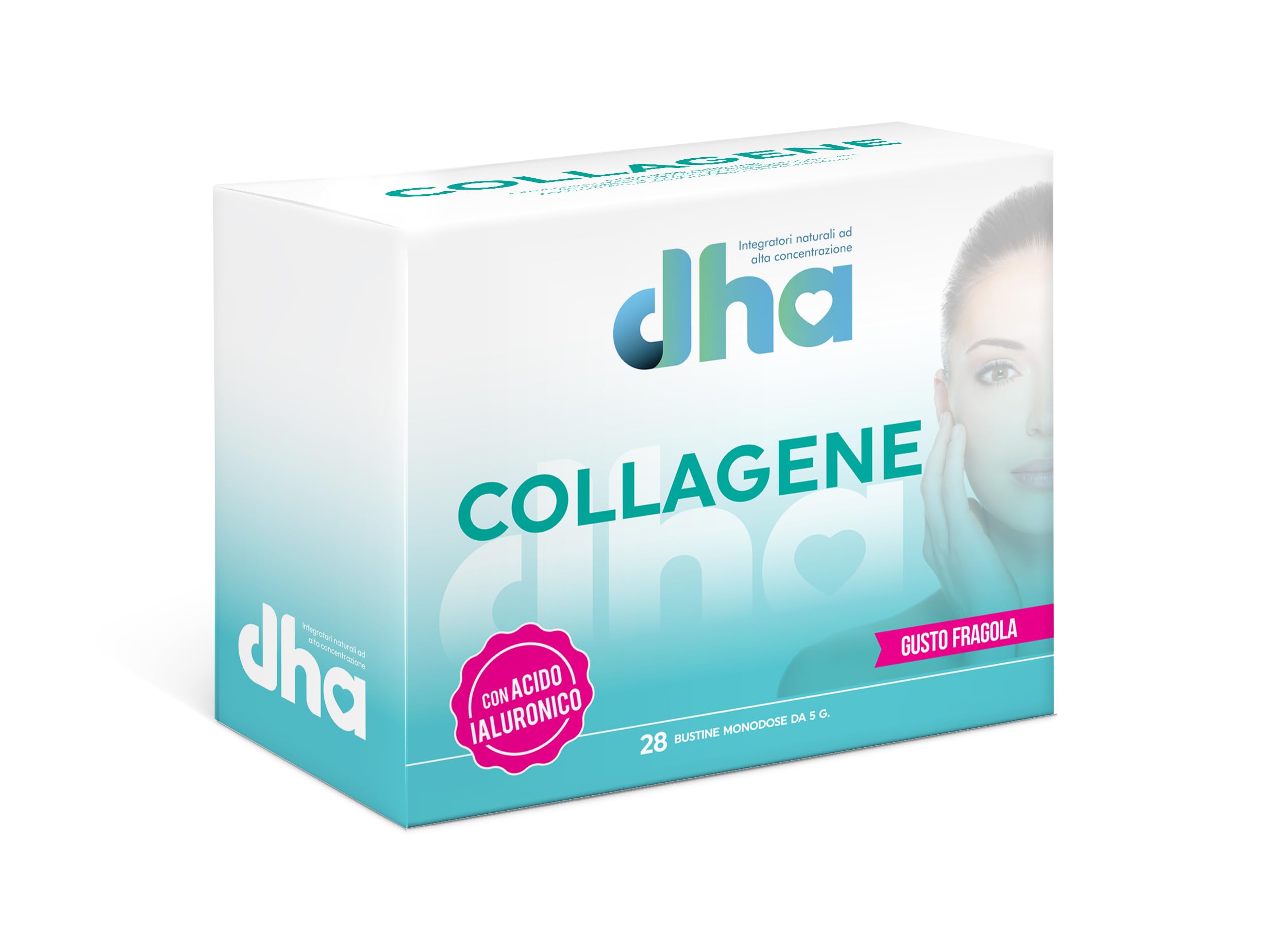 Collagene DHA - Collagene Idrolizzato 28 Bustine da 5 gr, Integratore con Collagene, Acido Ialuronico e Vitamina C per la Cura della Pelle, Gusto Fragola