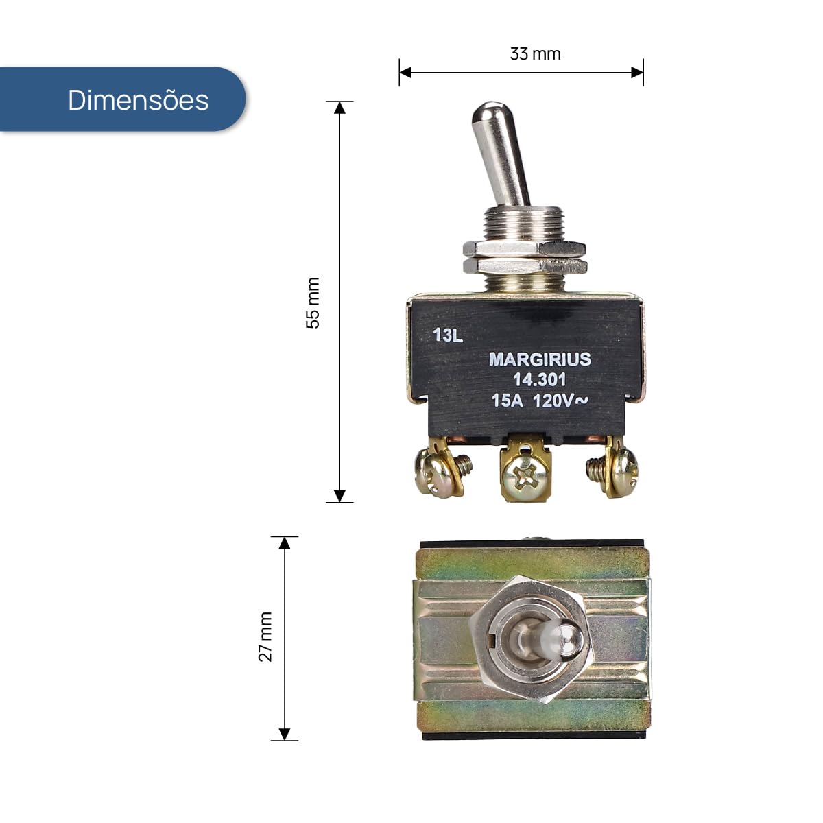 Chave 14303 Interruptor Alavanca Tripolar Reversora 15A 3 Posições