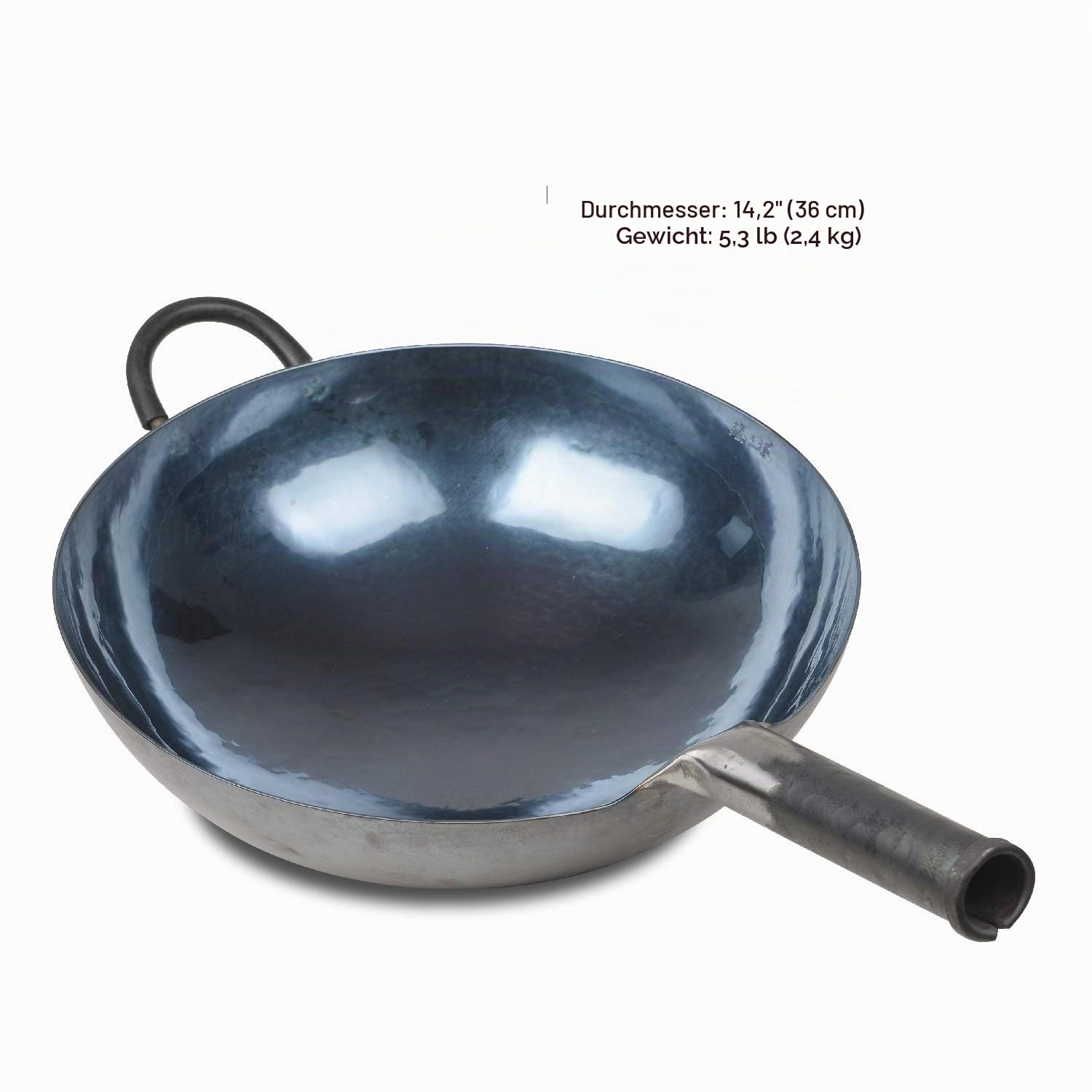 ZhenSanHuan Handgehämmerte Eisen-Wok-Pfanne mit rundem Boden, 36 cm im Durchmesser, Eisengriffstange inklusive Silikonschutz-Überzug sowie einem Haltegriff