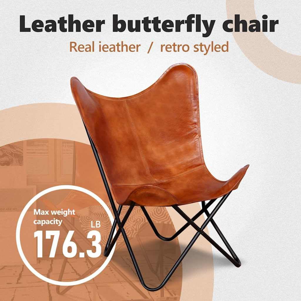 vidaXL Chaise Papillon Cuir Véritable Marron Fauteuil Salon Chambre Maison
