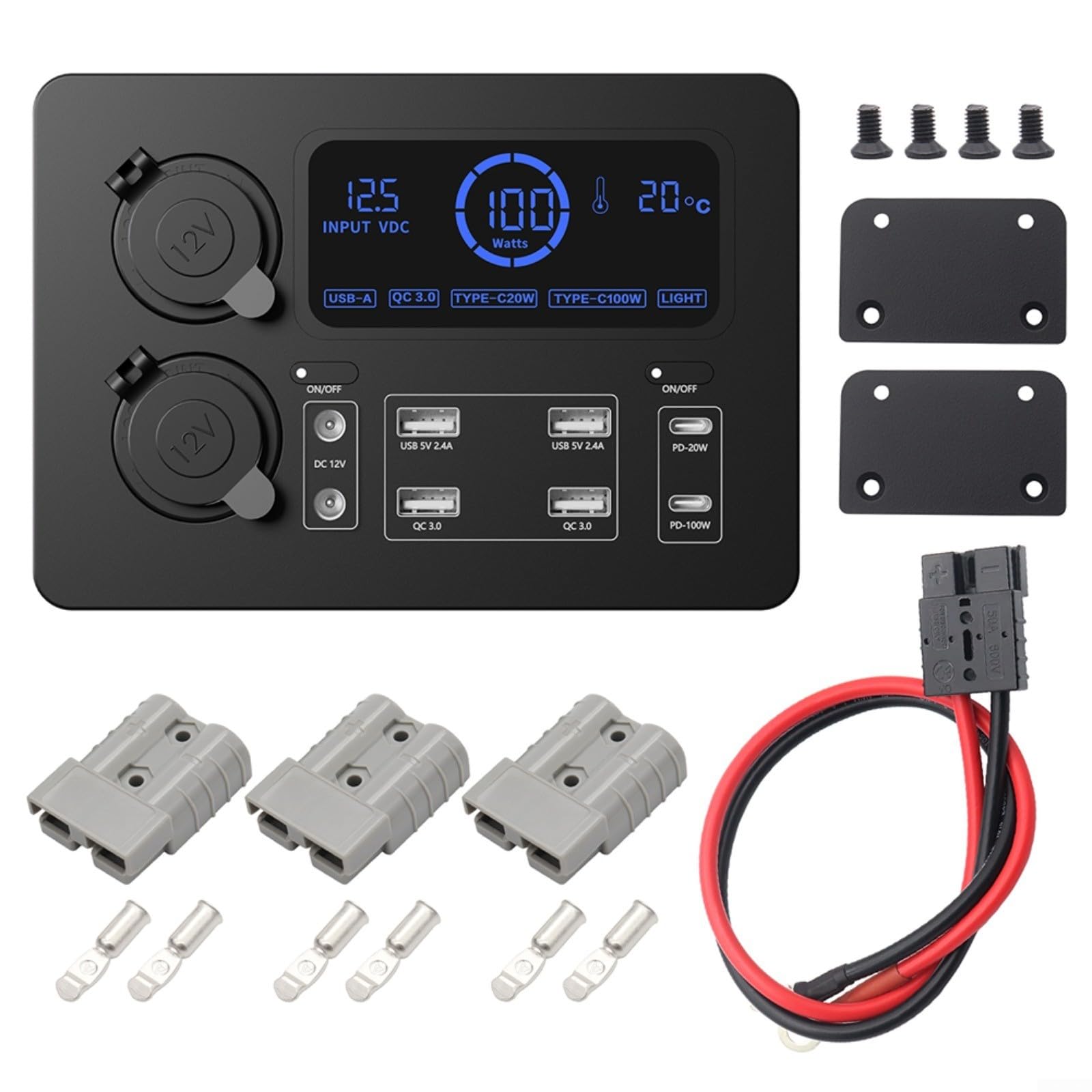 12V Auto Stromverteiler Box Mit LED-Anzeige 100W PD Schnellladegerät USB-C Anschlüsse Dual-Zigarettenanzünder Buchsen Für RV Boot SUV Dashboard(With Line)