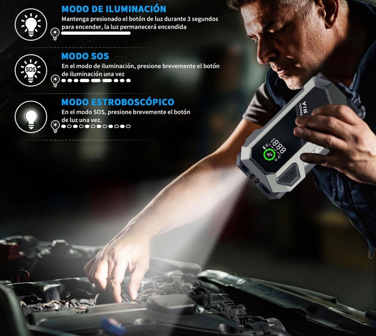 DISCORAMA - KIT AVVIATORE EMERGENZA AUTO MOTO 12V E COMPRESSORE ARIA PORTATILE 2IN1 CON POWERBANK E LUCE LED DIGITALE PER PNEUMATICI E GONFIABILI