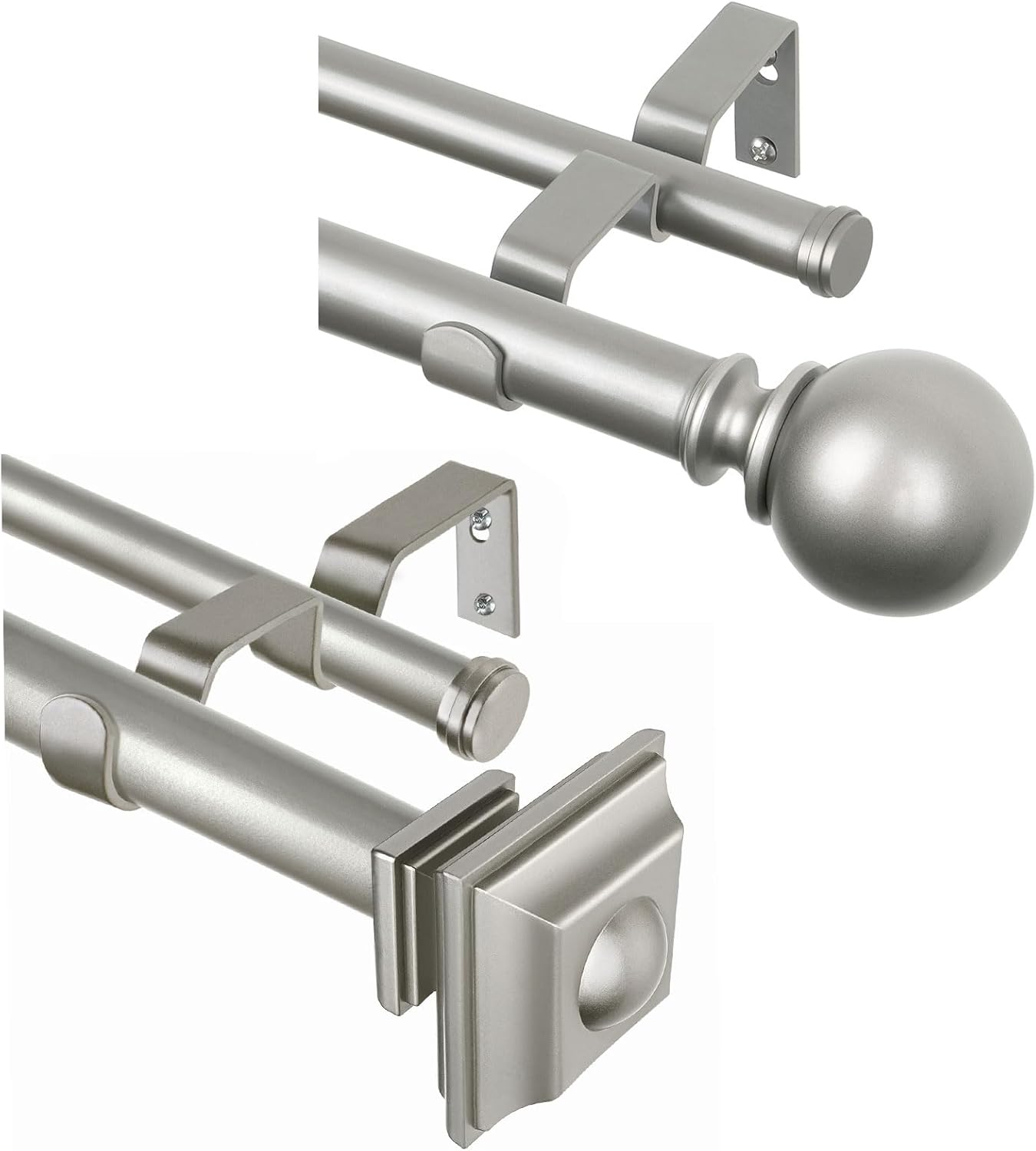 KAMANINA 1 Inch Double Curtain Rod 72 to 144 Inches (6-12 Feet) Antique Silver Curtain Rods for Windows, Telescoping Heavy Duty Drapery Rods with Decorative Square and Round Finials