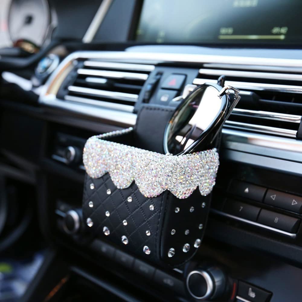 Car Air Vent Storage Bag Organizer Pocket, Bing Crystal Car Mount Phone Holder Bag for Phone, Pens, Key, Car, Sunglass, Bling Car Accessories for Women