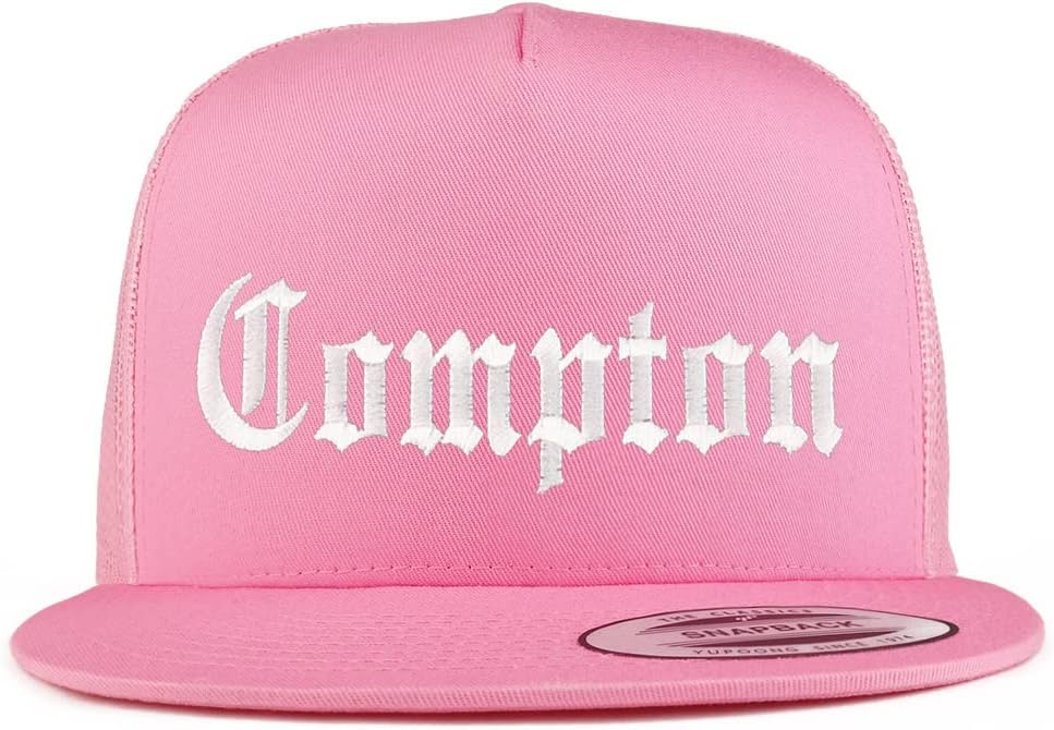 Trendy Apparel Shop Compton City Old English Embroidered 5 Panel Flatbill Trucker Mesh Cap