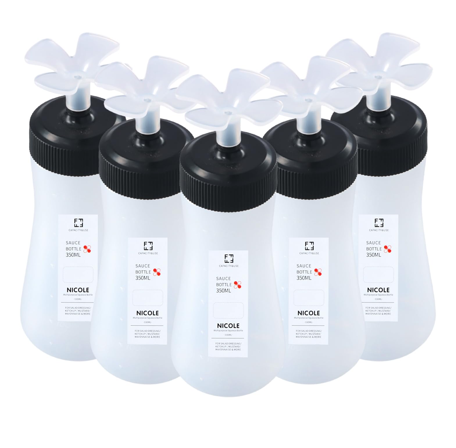 Nivofu 5 sztuk butelek do wyciskania z nakrętkami, 350 ml, plastikowe butelki do wyciskania z dyszami, do wielokrotnego napełniania, do keczupu, sosów, syropów, sosów
