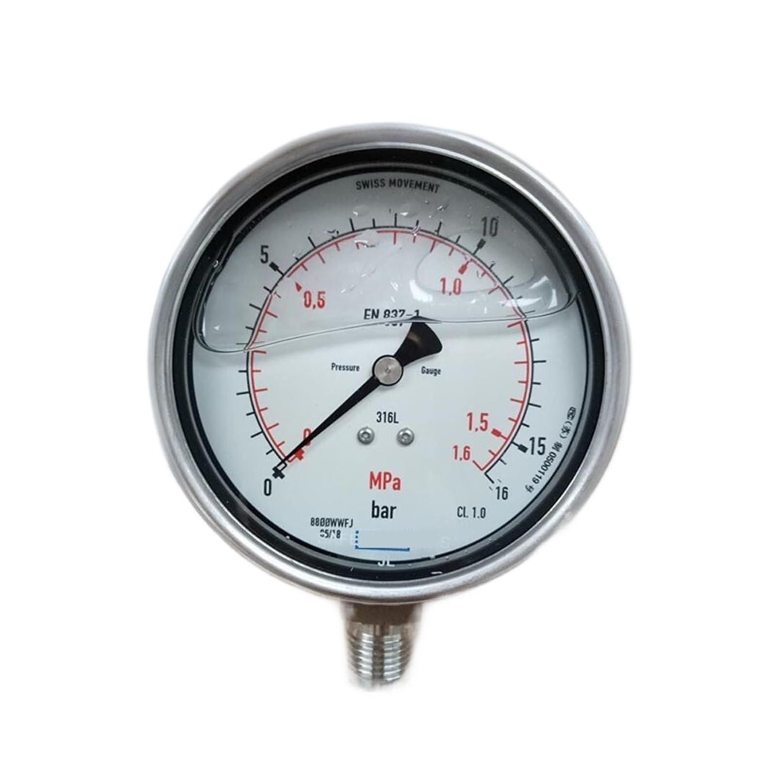 Manómetro de tubo Bourdon, acero inoxidable, diámetro de superficie de 100 mm(0~10bar/0~1MPa,M20*1.5)
