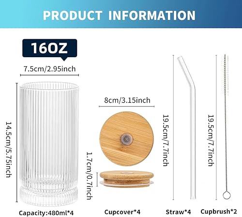 Miniatura 2 de Vasos de vidrio acanalados con tapas y pajitas, vasos para beber de 16 onzas, juego de 4 vasos de cóctel grandes, estilo origami, vasos para bebidas