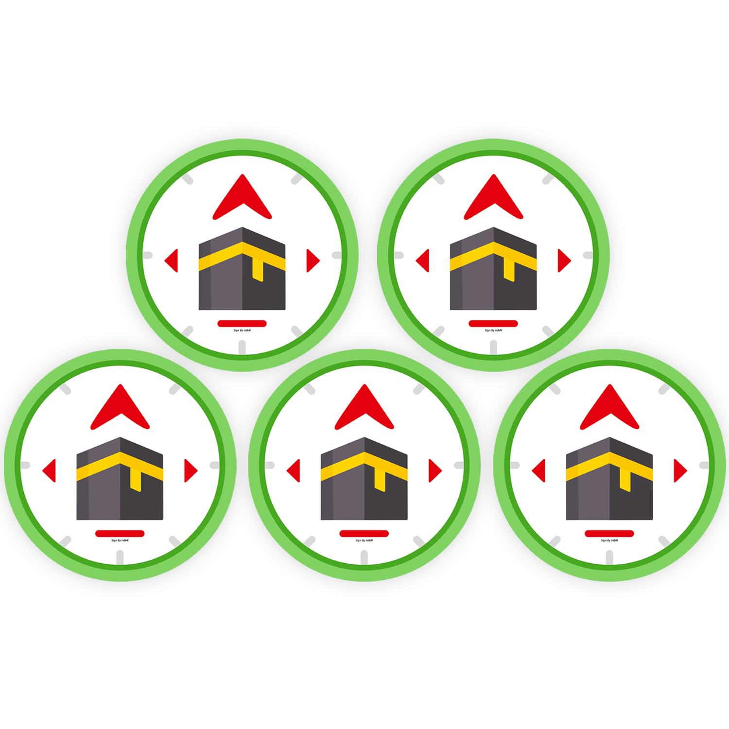 RubikQibla Direction Sign for Prayer, 5pcs Round Self Adhesive Vinyl Decal Sticker for Muslim Kaaba (Size, 15x15cm)
