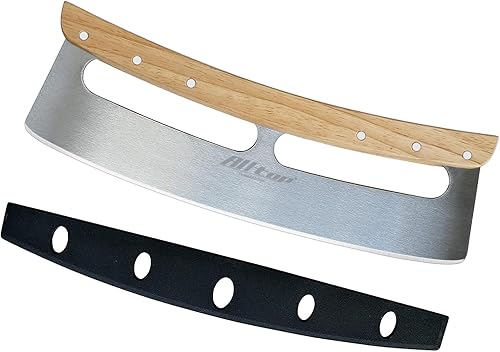ALLTOP Cortador de pizza Rocker Hoja de corte de acero inoxidable de alto rendimiento con mango de madera de una sola pieza Accesorio de pizza