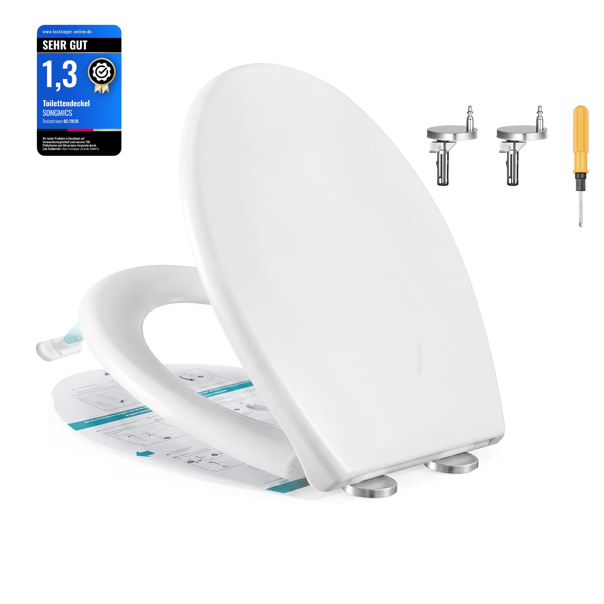 SONGMICS Toilettendeckel O-Form, WC-Sitz mit Absenkautomatik, Griff, Toilettensitz schnell abnehmbar, Klodeckel einfache Montage, WC-Deckel Urea-Duroplast, bis 300 kg belastbar, weiß BTL101WZ01