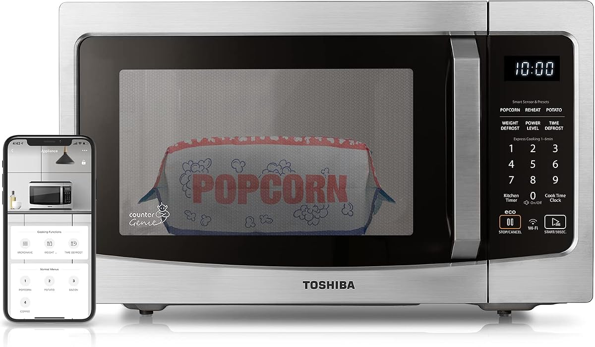 Horno microondas inteligente TOSHIBA con recalentamiento por sensor, 1,3 pies cúbicos, 1100 W | Funciona con Alexa y aplicación de control remoto, función de silencio, modo ECO, plato giratorio de 12,4", acero inoxidable