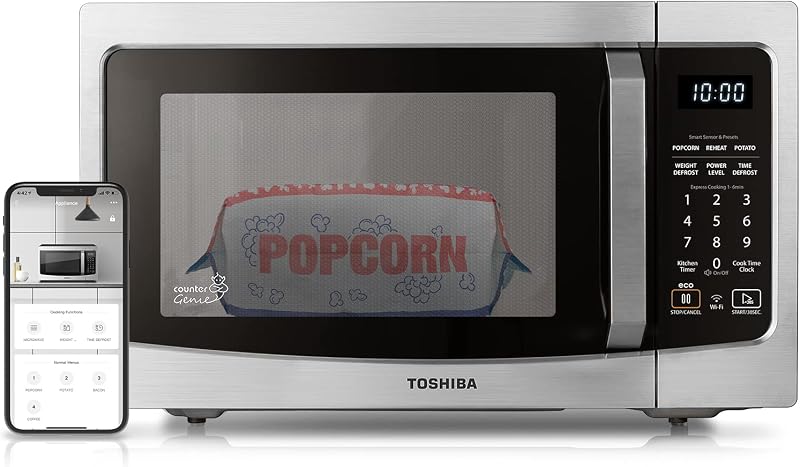 Horno microondas inteligente TOSHIBA con recalentamiento por sensor, 1,3 pies cúbicos, 1100 W | Funciona con Alexa y aplicación de control remoto, función de silencio, modo ECO, plato giratorio de 12,4", acero inoxidable