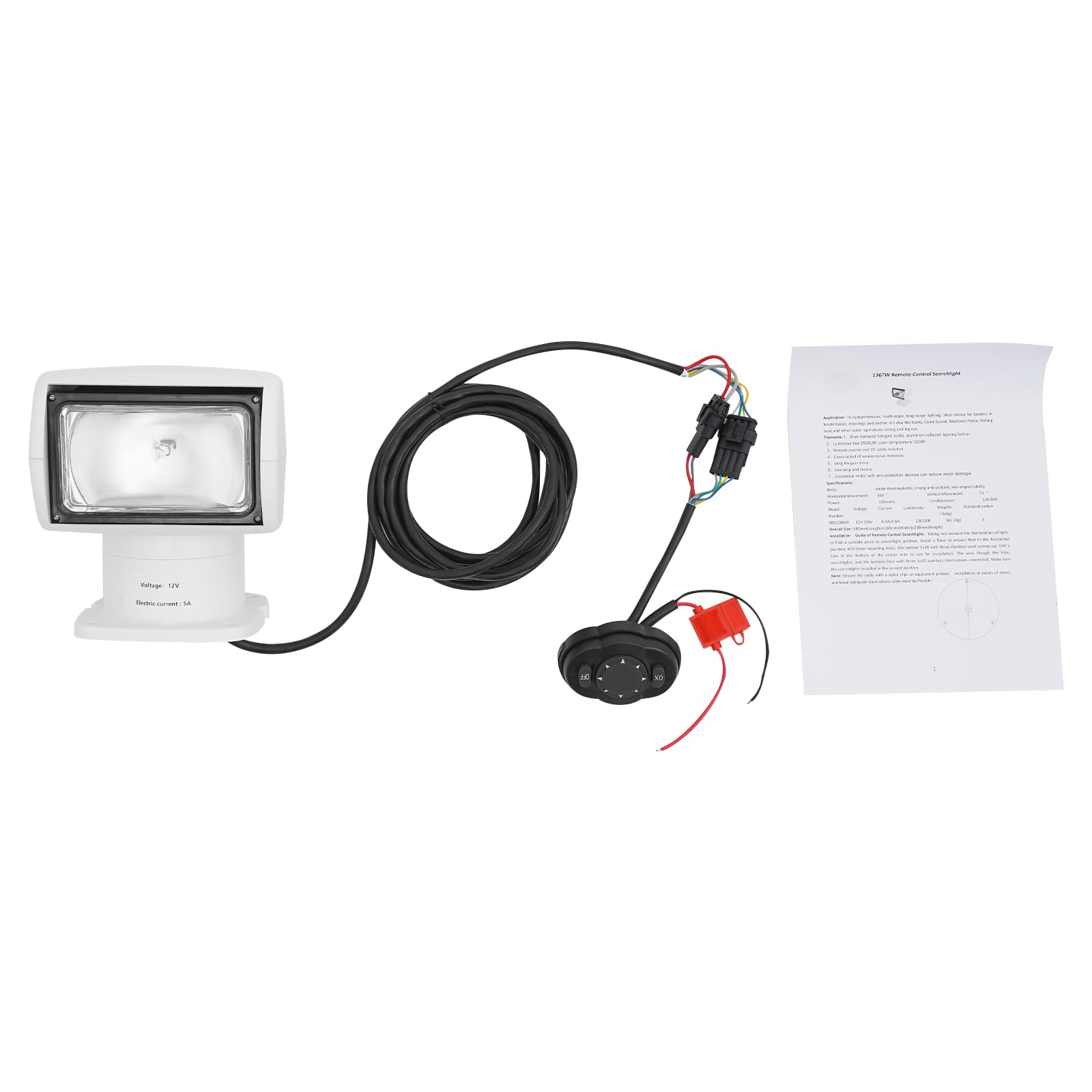 Foco de búsqueda teledirigido de 12 V, giratorio 320°, inclinación de 75°, faro de trabajo LED de 100 W, cable de 4,5 m, IP66 resistente al agua, faro para barco, 4300 K máximo, distancia de