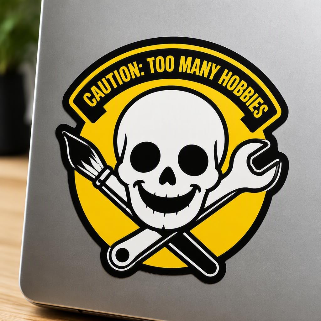Caution Too Many Hobbies Smiling Skull Sticker Waterproof Vinyl Laptop