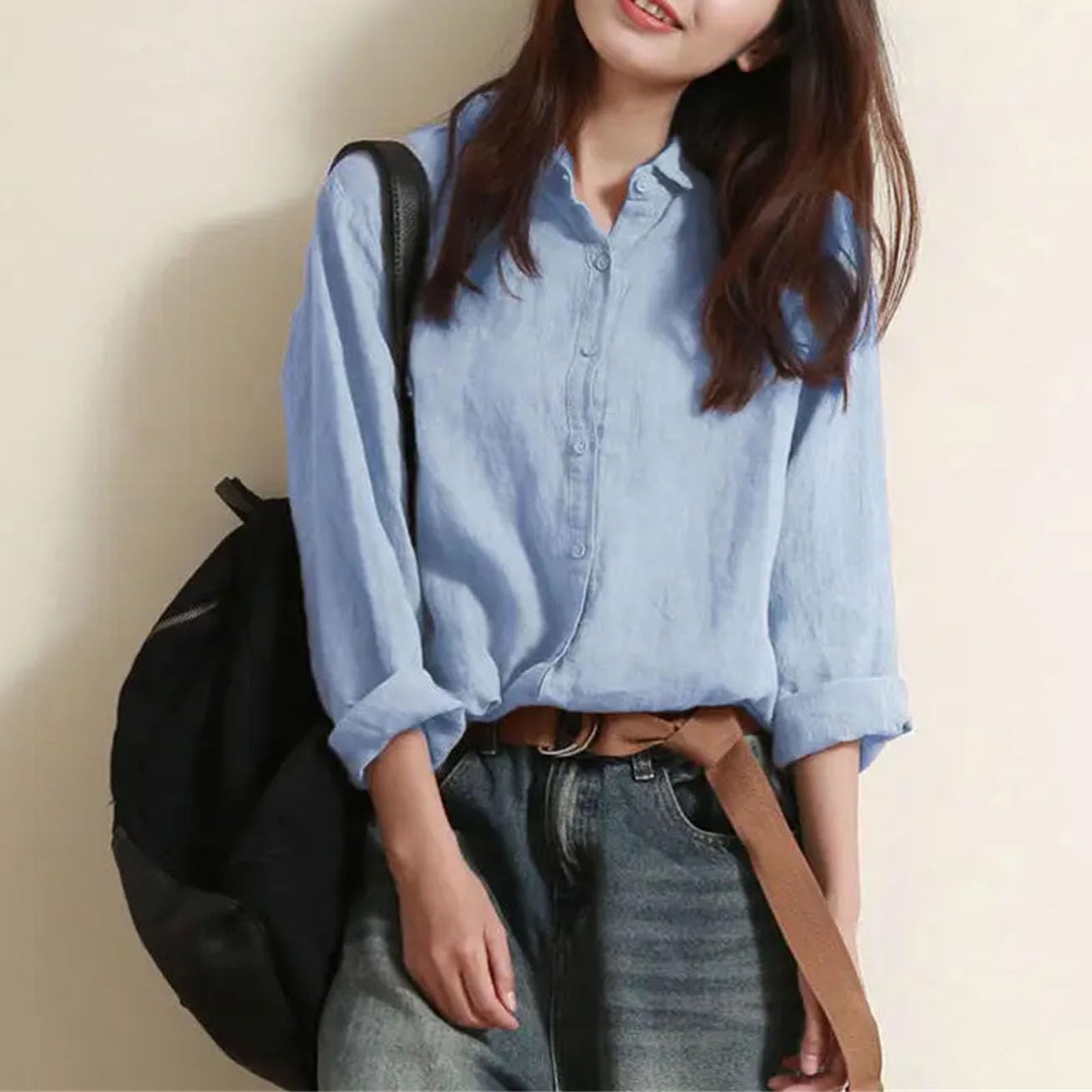 Blusas de manga larga de lino y algodón para mujer, estilo retro, con cuello abatible, informal, de manga larga