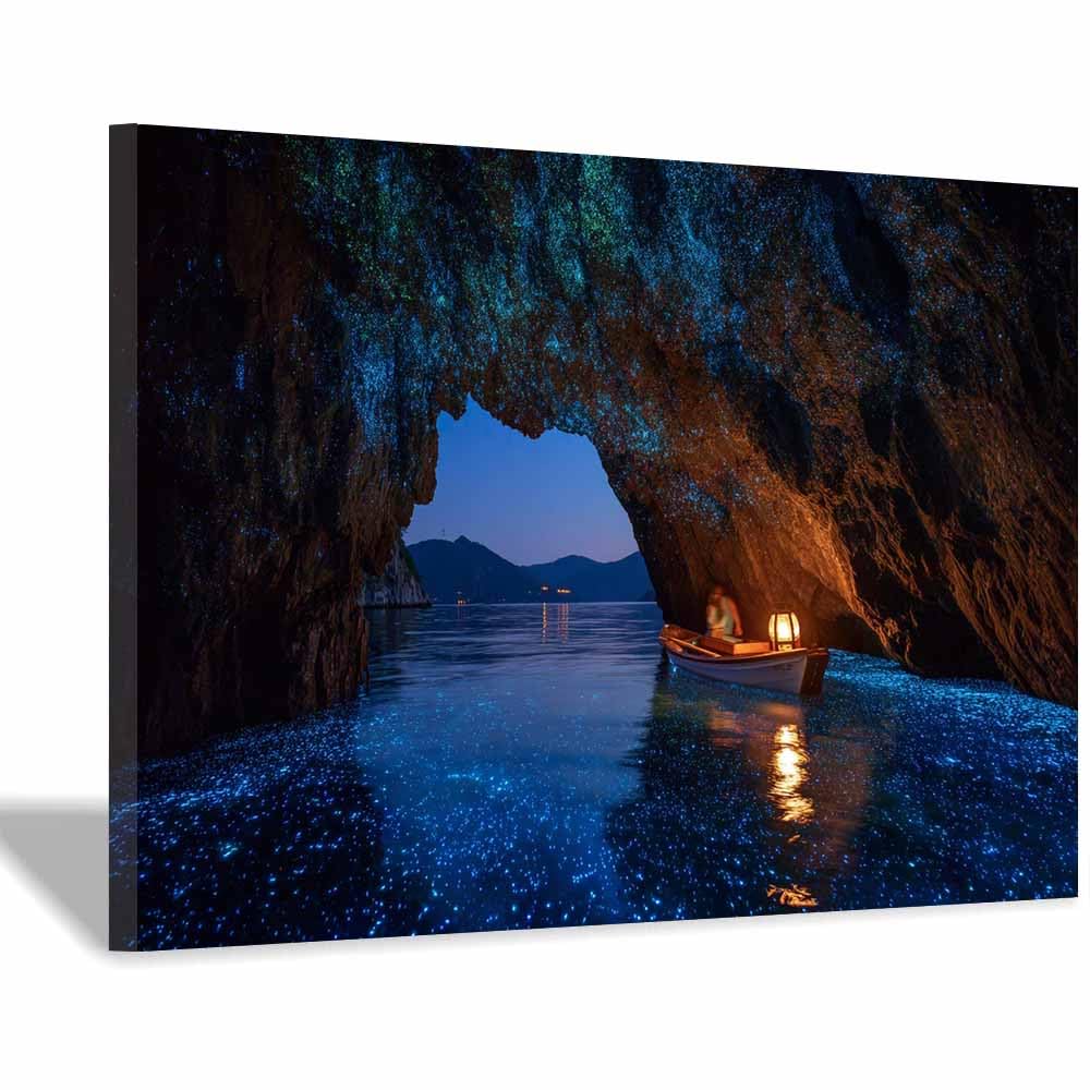 HOQIU Natural scenery wall art Blue Glow Cave Boats decorative painting, wall art, for Living Room Bathroom Bedroom Kitchen Decoration.(Multicolor)-30x40cm Framed