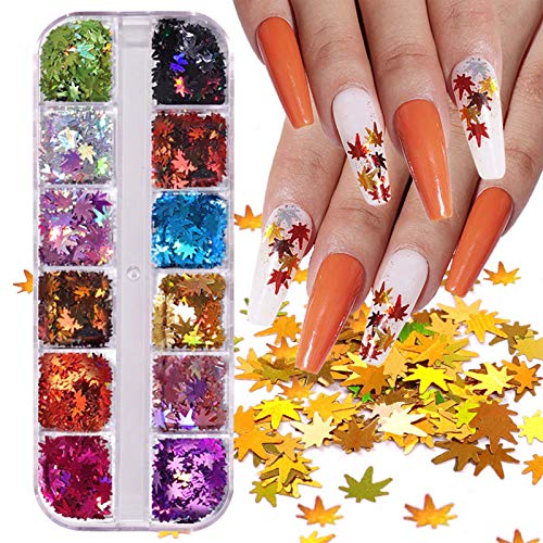 VellMix Fall Nail Art Stickers Decals Maple Leaf Glitter Fall Nail Art Supplies Nails Decorations Manicure Tips Accessories 12 Colors Autumn Gradient Leaf Holographic Nail Sequins for Acrylic Nails