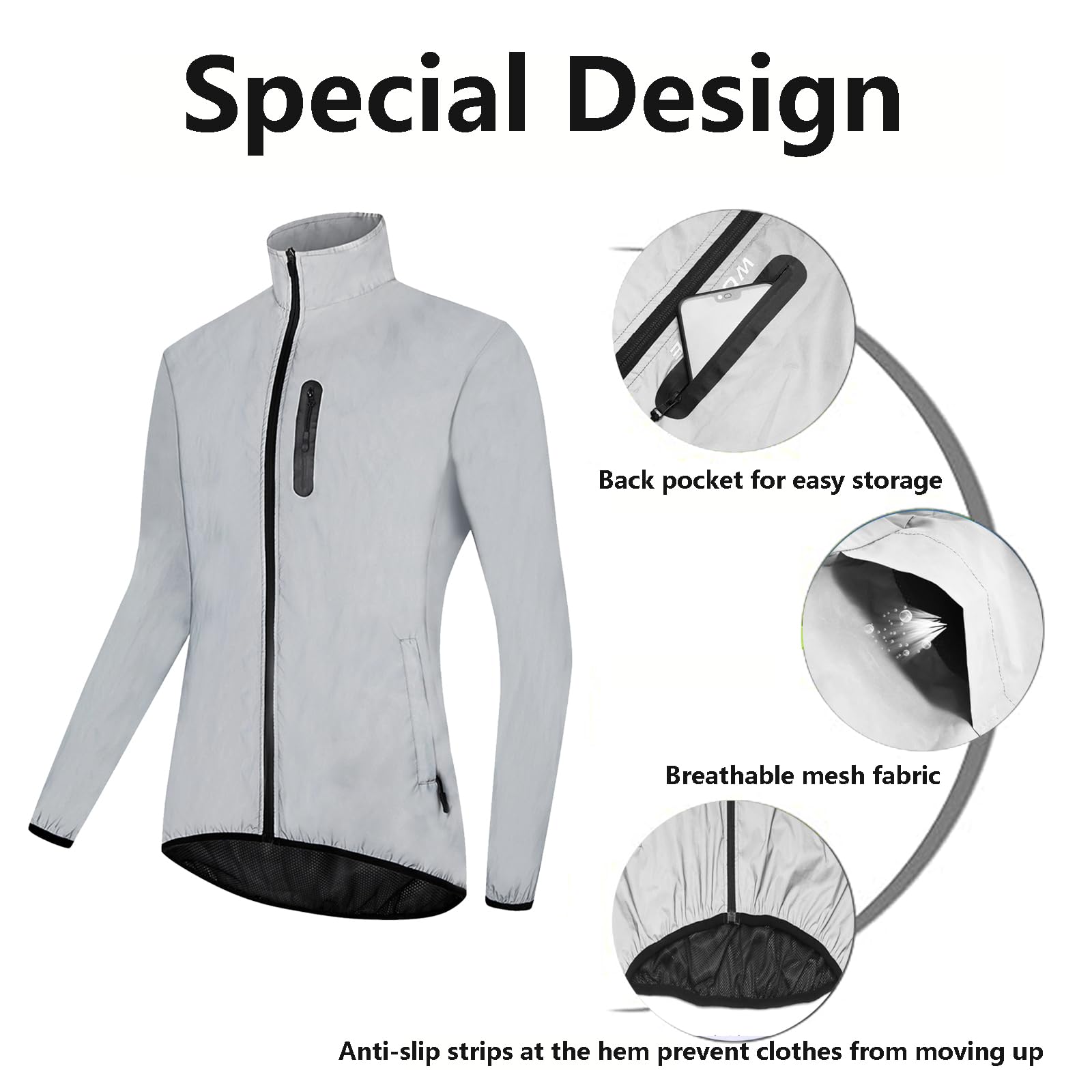 Reflektierende Jacke für Herren Nachtleuchtende Bomberjacke Winddicht Wasserdicht Atmungsaktiv Leichte Fahrradjacke mit Taschen,Silver-XL