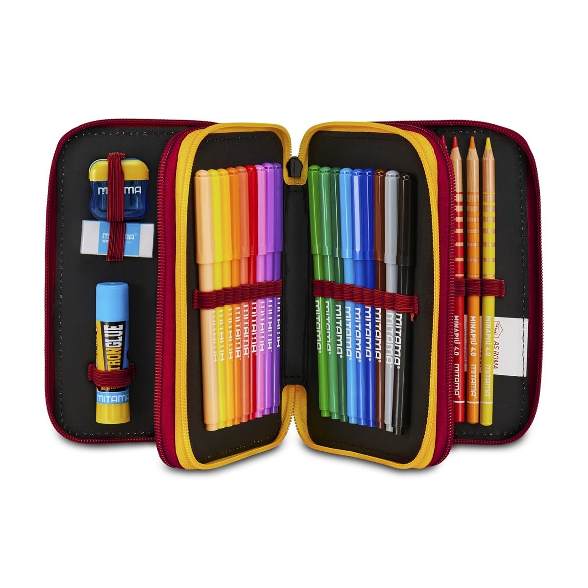 Seven AS Roma Astuccio Scuola 3 Zip Calcio, Rosso, Portapenne Triplo Scomparto Completo Di Penne, Matite, Colori, Scuola Elementare, Bambino