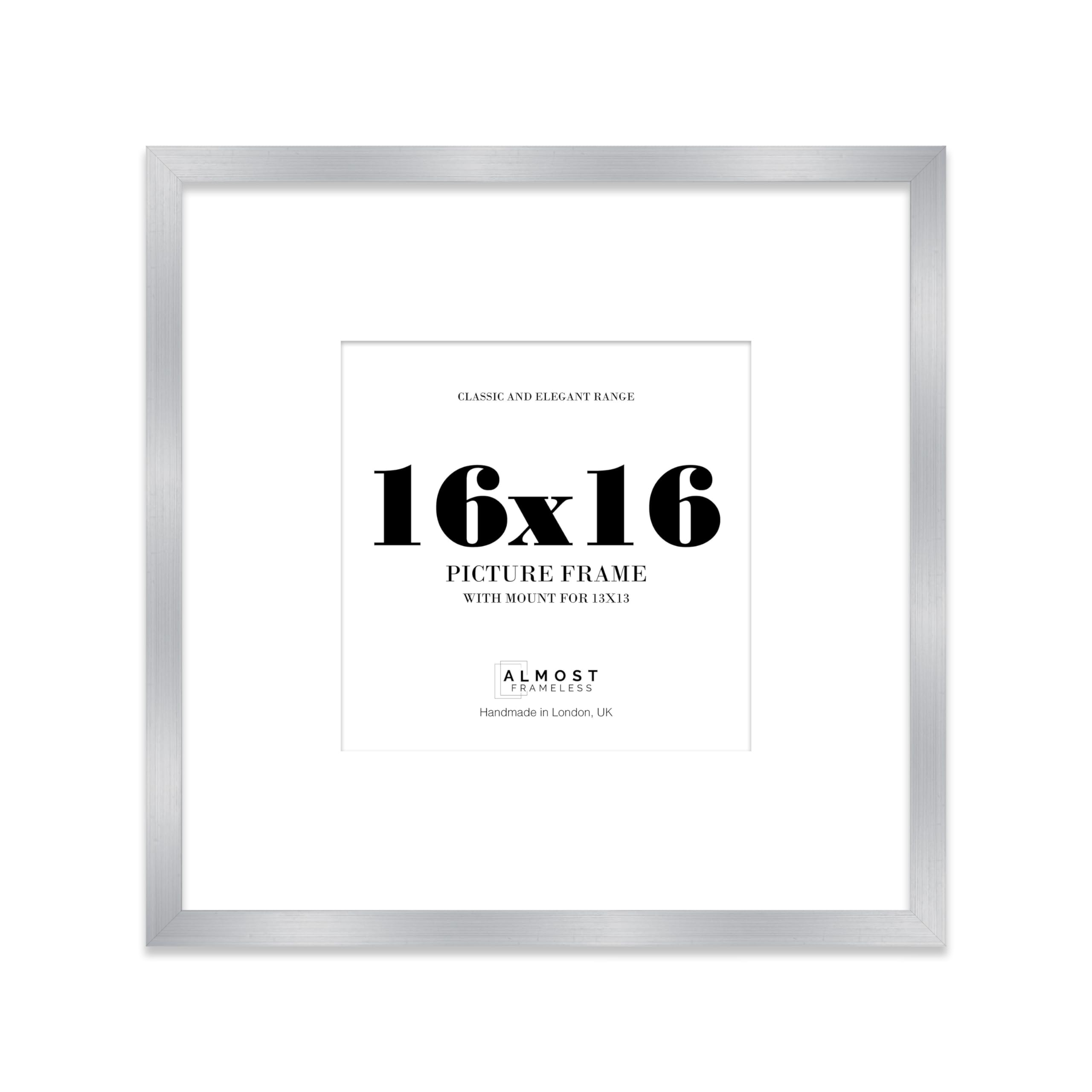 Almost Frameless 16x16 Square Picture Frame, Display Pictures 13x13 With Mat or 16x16 Without Mat, Wall Hanging & Free Standing Photo Frame, Silver, 1 Pack