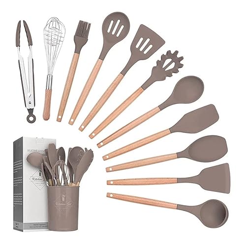 JIANW Kit C/12 Utensílios De Cozinha Silicone Cabo Madeira (Preto)