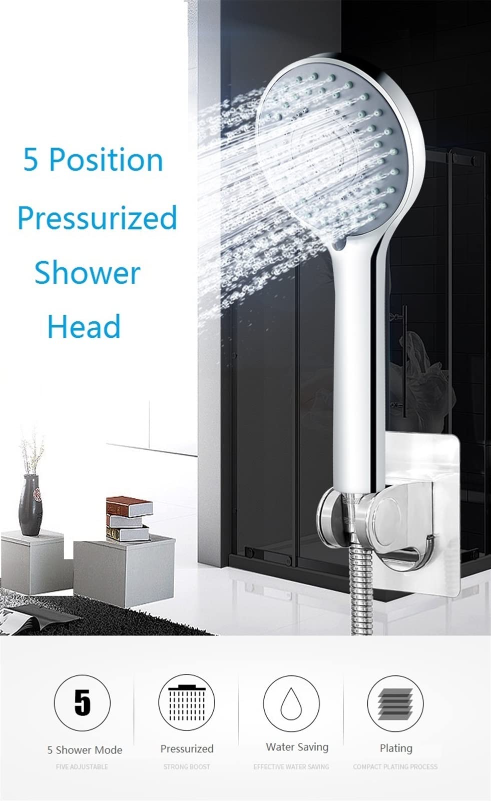 Ducha de Alta presión, Cabezal de Ducha con Ahorro Agua 5 Posiciones, Cabezal Aumento presión Cinco Modos, Relajante, Cabezales Alta(Shower Head)