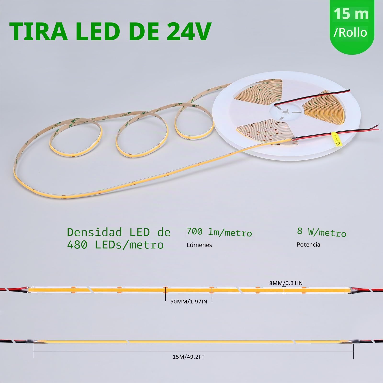 JOYLIT Tira LED COB 24V 15M 3000K Brillo Constante CRI 90+ Sin Puntos | Corriente Constante, 480 LEDs/m, Blanco Cálido, 2 pines 8 mm, Regulable, Cortable, Autoadhesivo, para Dormitorios, Armarios