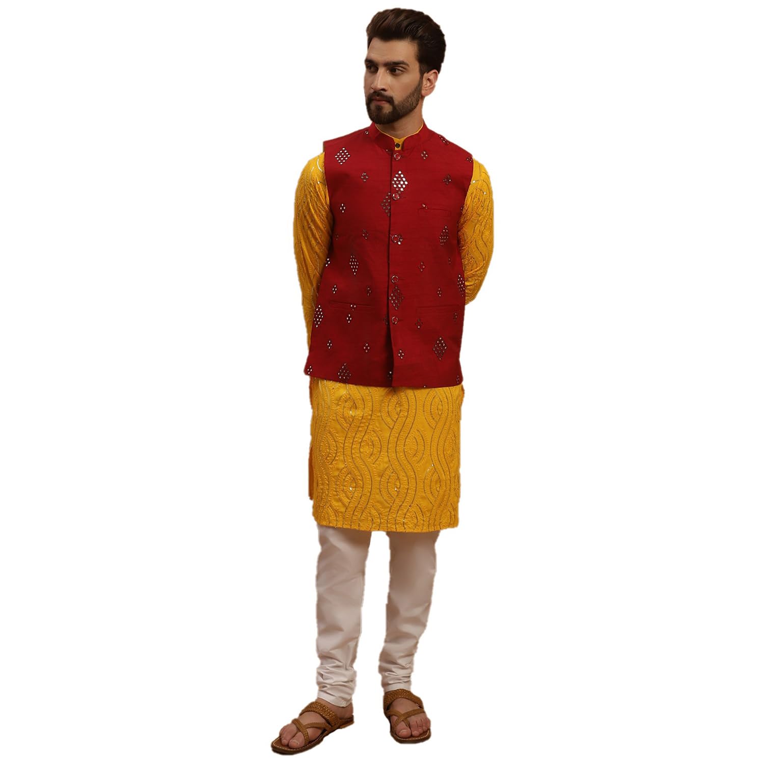 sojanya (Since 1958 Men's Silk Blend Mustard Kurta and White Pyjama with Maroon Silk Nehru Jacket-picture-53