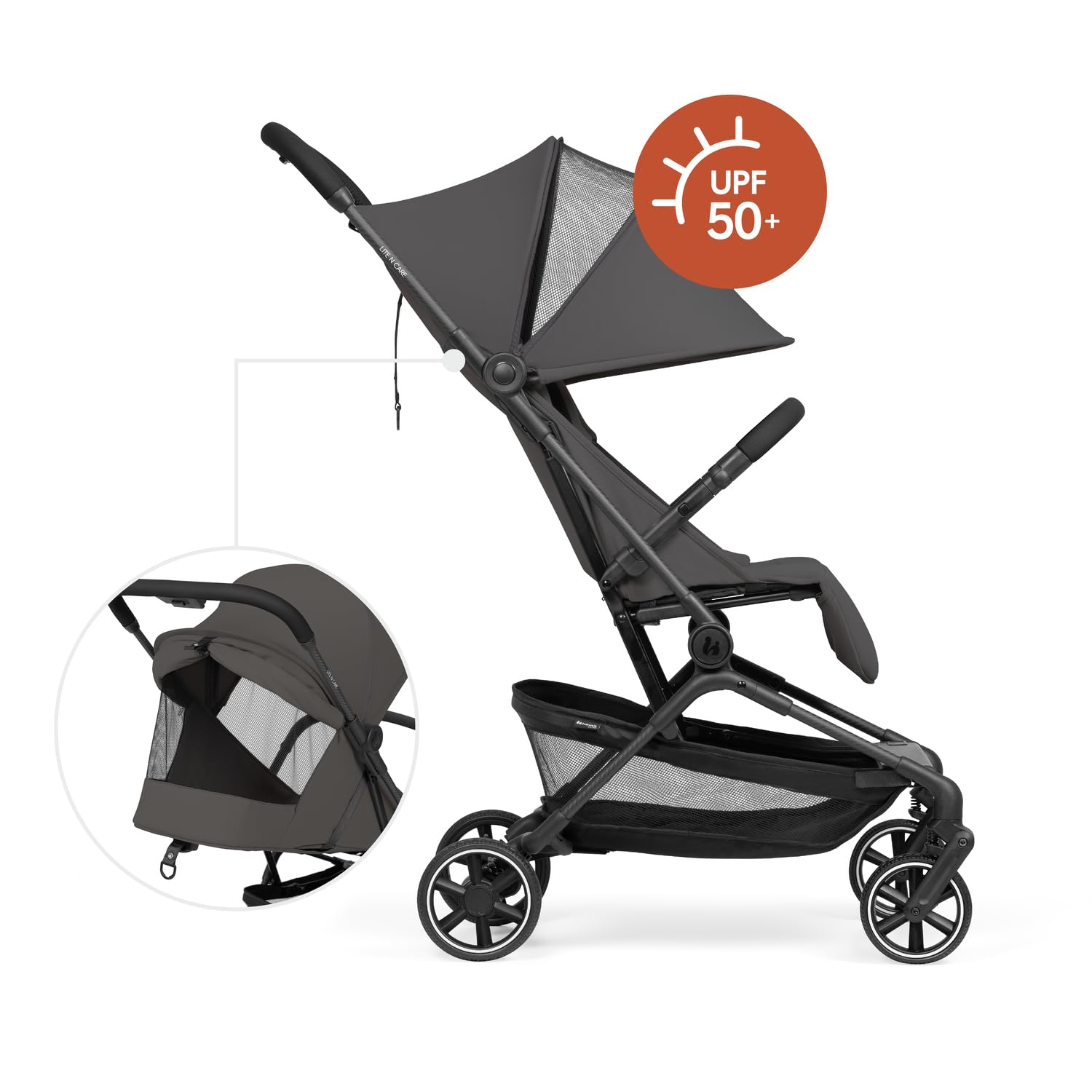 Hauck Lite N Care Ultraleichter Carbon City- & Reisebuggy, Klein Faltbar IATA-konform, Liegefunktion bis 22 kg, UPF 50+, Dark Anthracite