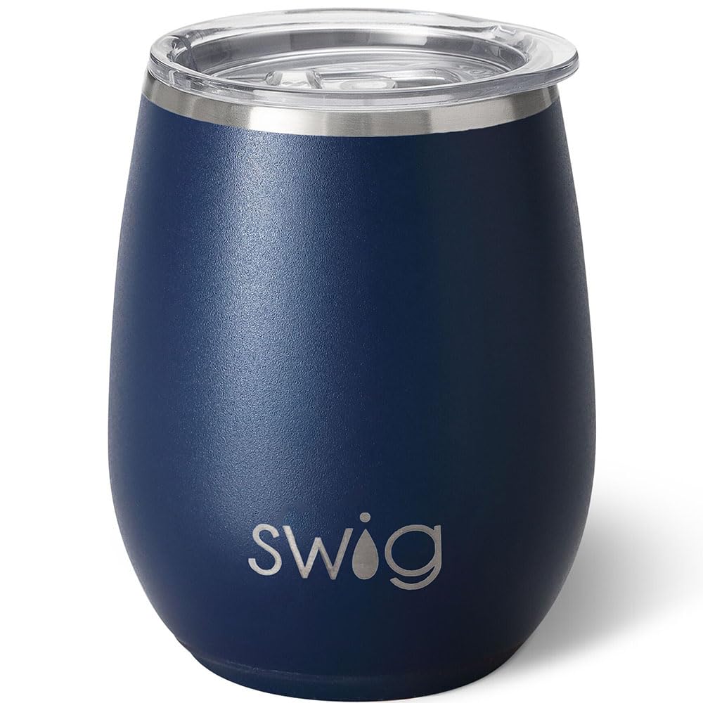 Swig Life 14oz Stemless Wine Cup, Insulated Wine Tumbler with Lid, Stainless Steel Travel Tumbler (Navy)