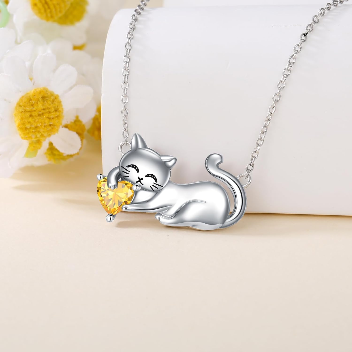 LONAGO Cat Necklace with Birthstone 925 Sterling Silver Cat Pendant Necklace Gift for Women
