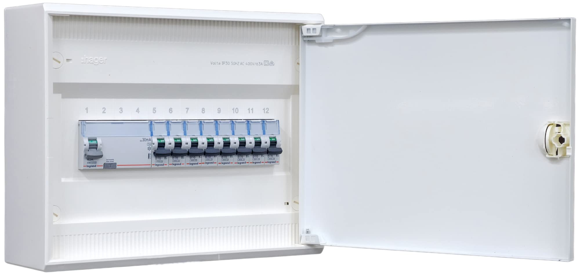 Hager Aufputzverteiler 1-reihig VA12CN ANSCHLUSSFERTIG verdrahtet mit Klemmblock. Bestückung 1xFI 4-polig+8x LS B16A