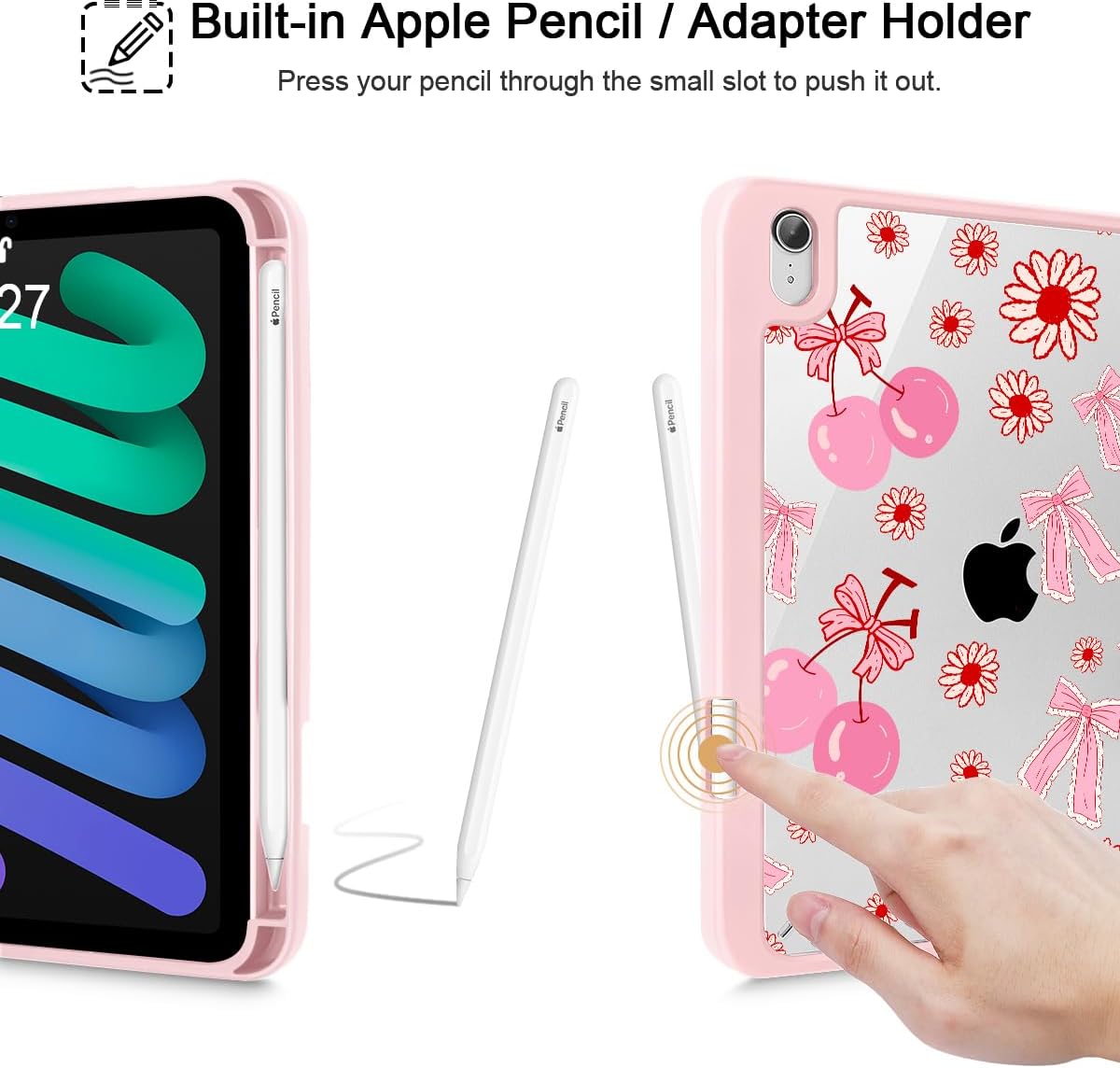 for Slim Case for iPad mini 7 (A17 Pro, 7th Generation) 2024 / iPad mini 6 (6th Gen) 8.3 Inch, [Built-in Pencil Holder] Clear Back Shell + Auto Wake/Sleep, Cherry Bow P705