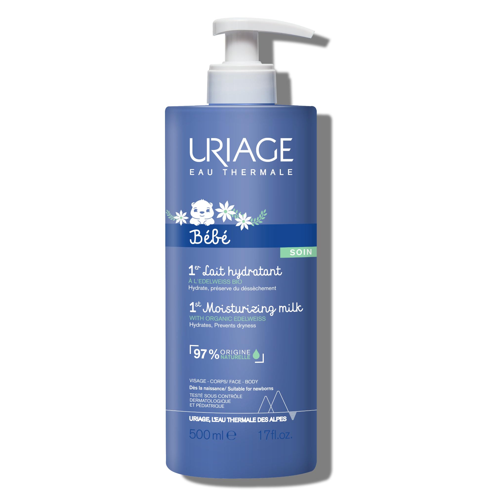 Uriage Baby Daily Moisturizing Lotion with Organic Edelweiss & Shea Butter 500ml - Nourishes, Moisturizes & Protects Skin - Non-greasy - Delicately Scented - Suitable for Newborns - 97% Natural Origin