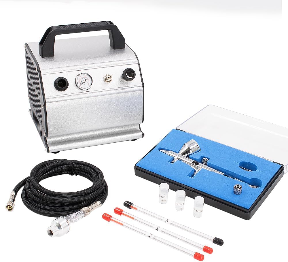 Pinkiou Airbrush Kit with Air Compressor Dual Action Airbrush Gun Set with 1/6 HP Quiet Air Compressor Include 0.2mm 0.3 &0.5mm Needles and Hose Gravity Airbrush Set for Model Painting,Cakes,Clothes