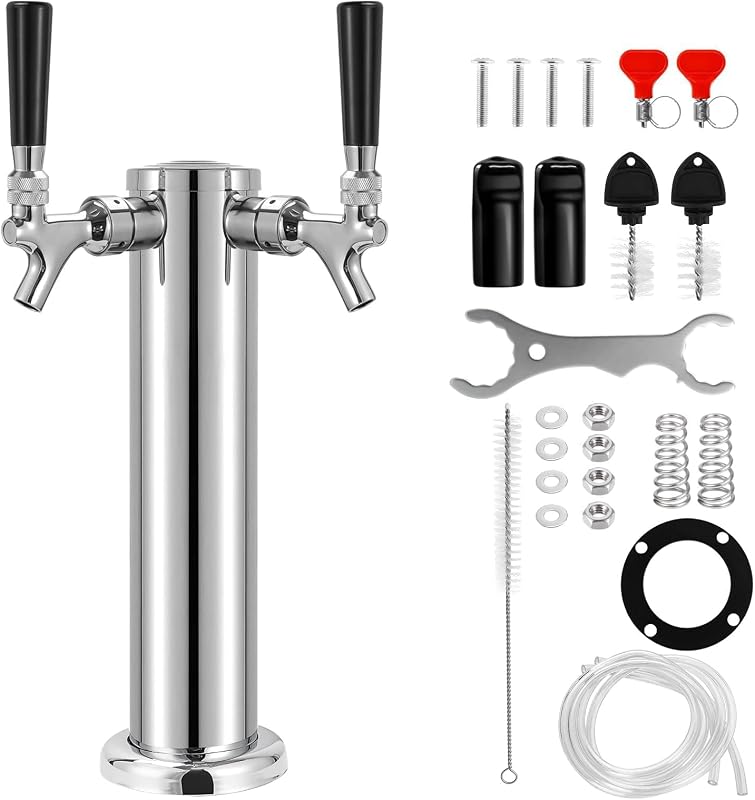 Kegerator Tower Double Tap Beer Tower with Self-Closing Beer Faucet | Polished Stainless, Stainless Core Beer Taps, 3" Flange, Pre-Assembled Tubing, Beer Tap Tower Kit for Kegerator Countertop