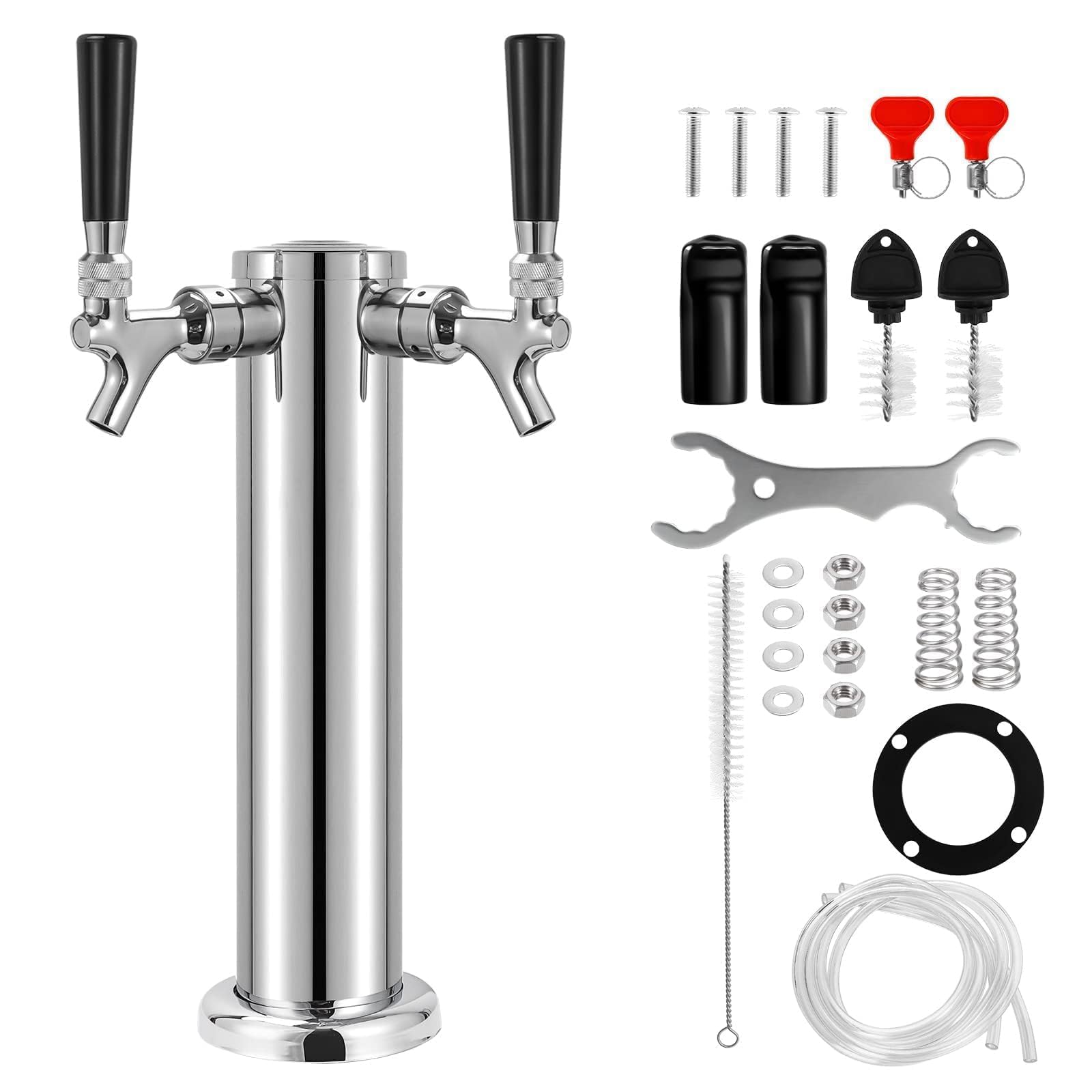 Dbgogo Draft Beer Double Tap Tower, Dual Stainless Core Polished Faucets Kegerator 3'' Flange Tower Homebrew Dispenser Kit with Pre-Assembled Tubing and Self-Closing Faucet Springs, Silver