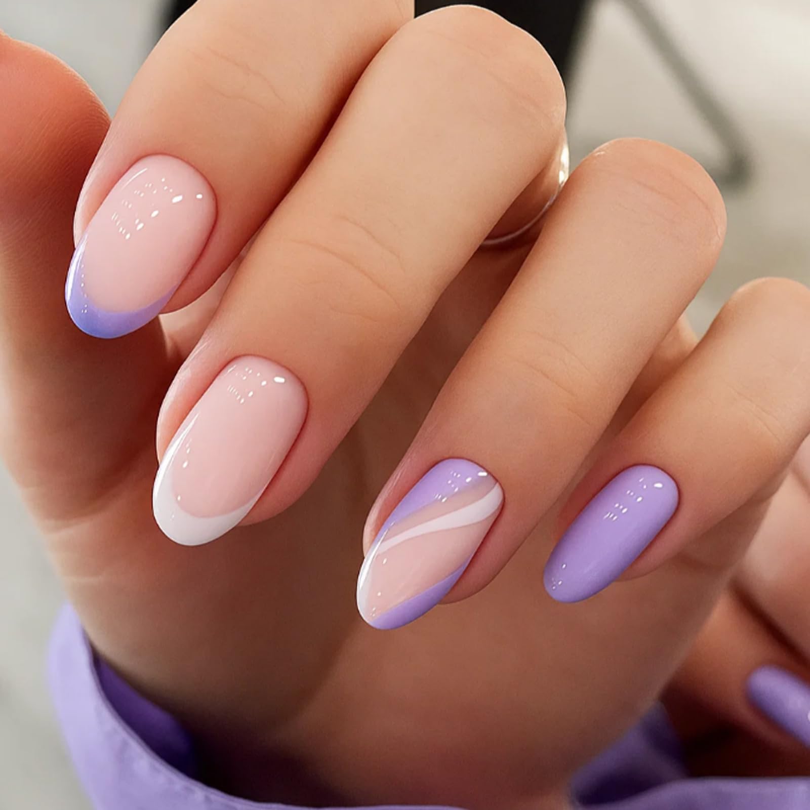 24PCS Pink Purple Press On Nails, French Tip Ombre False Nails