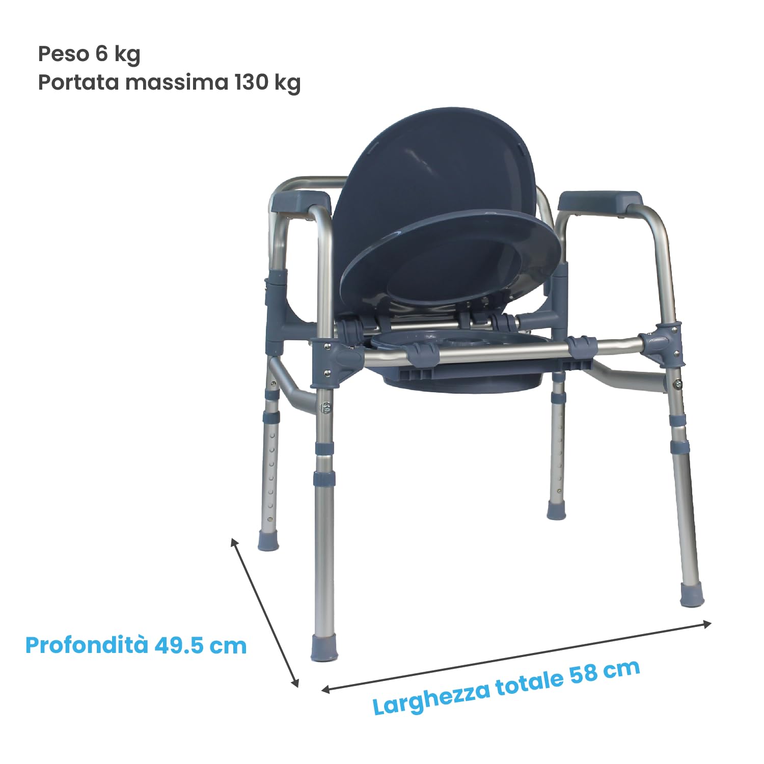 Azione Salute Comoda WC Plus 4 in 1 Pieghevole Leggera Sedia da Doccia, Rialzo WC con Vaschetta a Soffietto