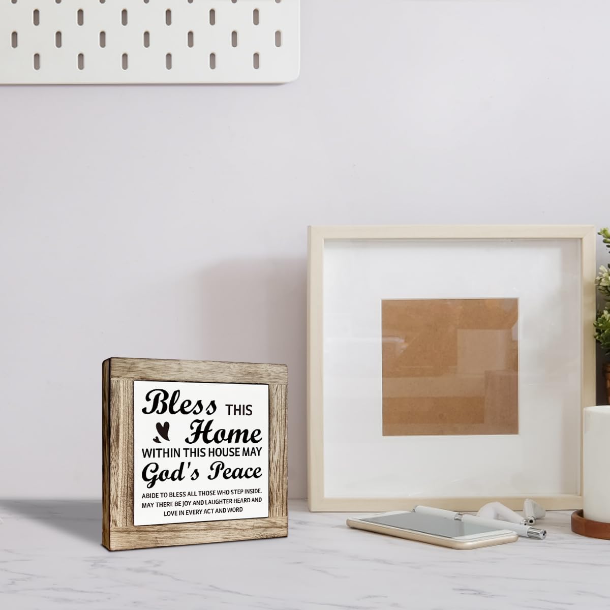 Christian Home Decor, Bless this Home House Wooden Box Sign, Farmhouse Desk Wooden Plaque For Bedroom Living Room, Housewarming Gift for Friend Family, Freestanding Decor 5.9x5.9 Inches - Image 5
