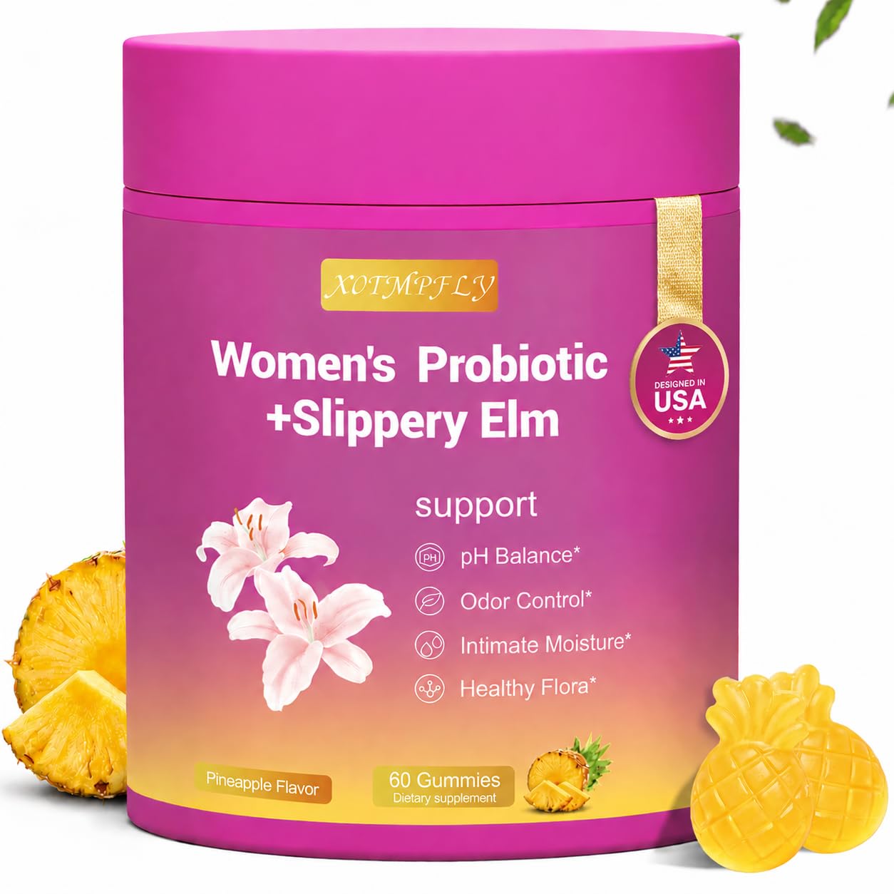 XOTMPFLY Suplemento probiótico para mulheres com olmo-vermelho, sabor abacaxi, 60 gomas