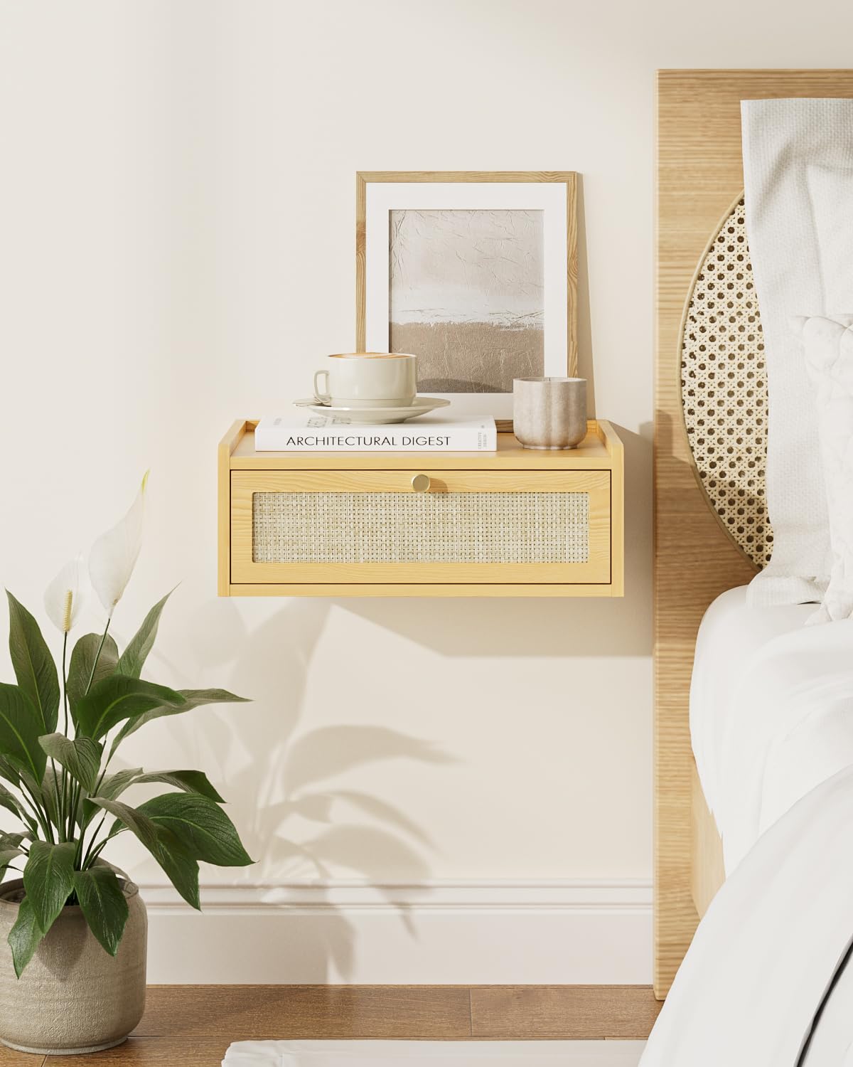 Mesita de noche flotante, mesita de noche montada en la pared con cajón, pequeños estantes flotantes, mesita de noche de madera flotante para dormitorio, sala de estar, baño 8