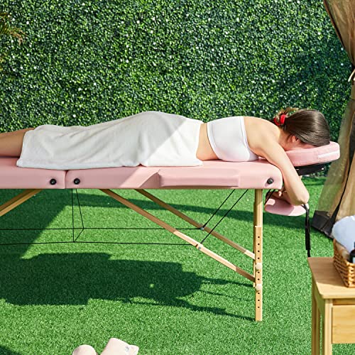 Yaheetech Professional Massage Tables Portable Wooden Folding Spa Bed Height Adjustable Salon Face Cradle Bed 2 Fold 84 Inch Tattoo Bed Pink #TOP1
