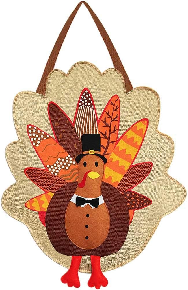 FORUP Turkey Burlap Door Decor, Thanksgiving Turkey Door Sign, Fall Thanksgiving Decorations, Garden Flag, Turkey Front Door Hanging Sign