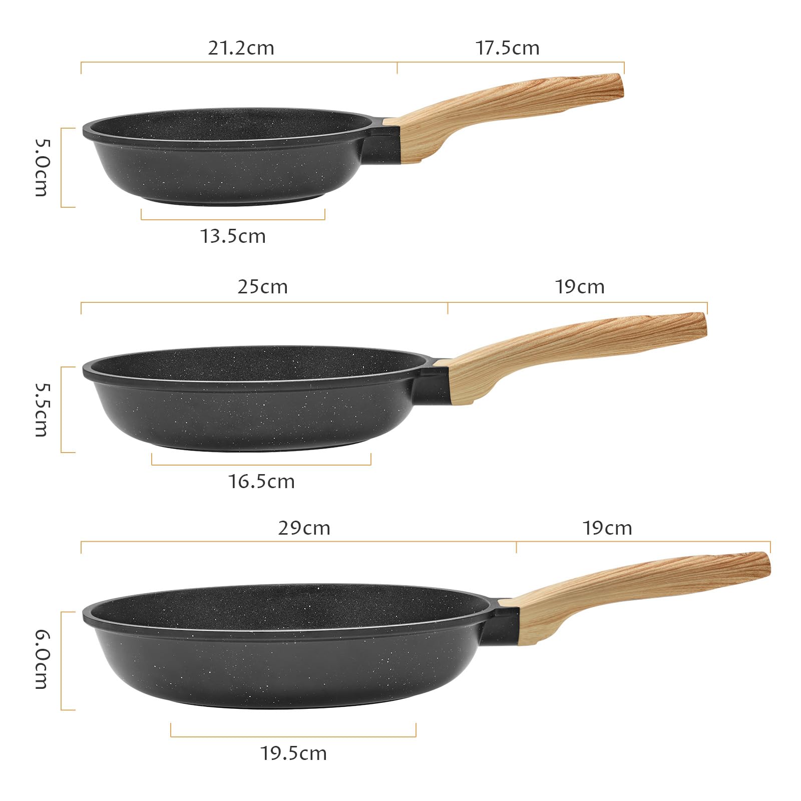 BLAZANT Zestaw patelni nieprzywierających indukcyjnych 20+24+28 cm, Patelnia indukcyjna do wszystkich kuchenek, Patelnie bez PFAS, łatwe do czyszczenia, Uchwyt odporny na wysokie temperatury, Granit