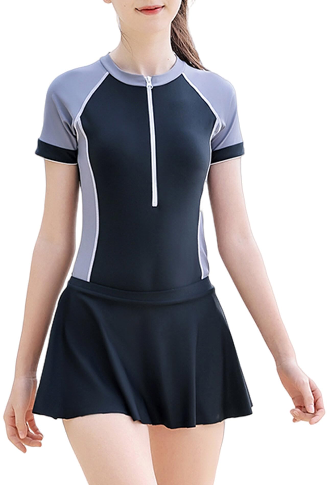 Girl Zipper Bathing Suits Sun Protection Rash Guard Swim Dress Short Sleeve Swimsuit Two Piece Sun Protection Beach Swimwear