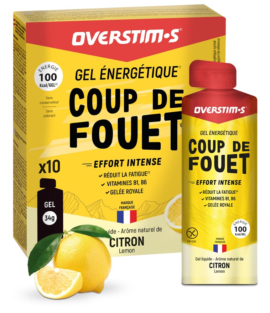 Overstim.s - Gel Coup de Fouet (10 sachets) - Gel énergétique pour le sport (vélo, course à pied...) - Energie instantanée - Efforts intenses et passages difficiles - 100 kcal/gel - Saveur Citron