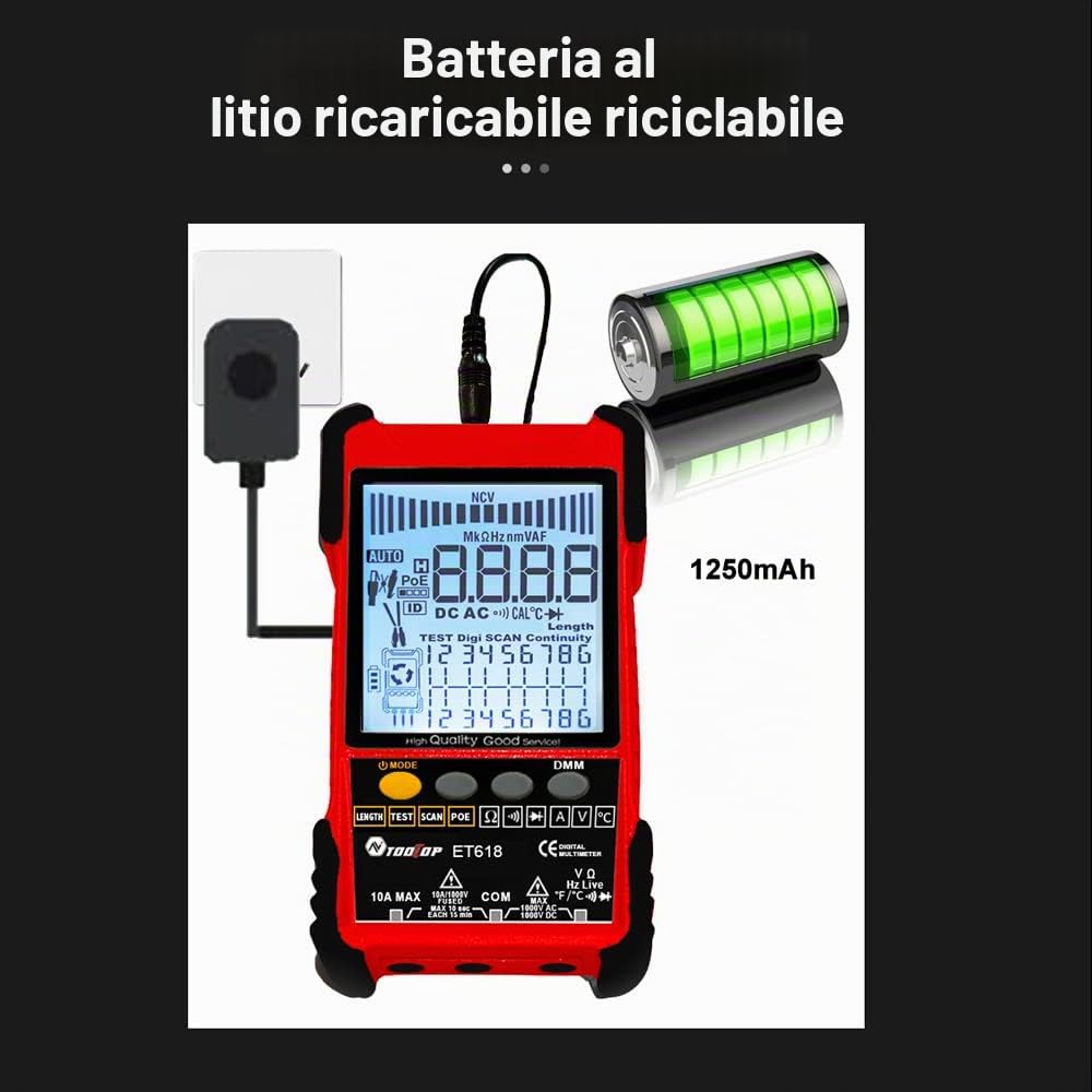 TOOLTOP ET618 Handheld Portable Cable Tester with LCD Display Analogs Digital Search POE Test Cable Pairing Sensitivity Adjustable Network Cable Length Short Open Circuit Measure Trackers